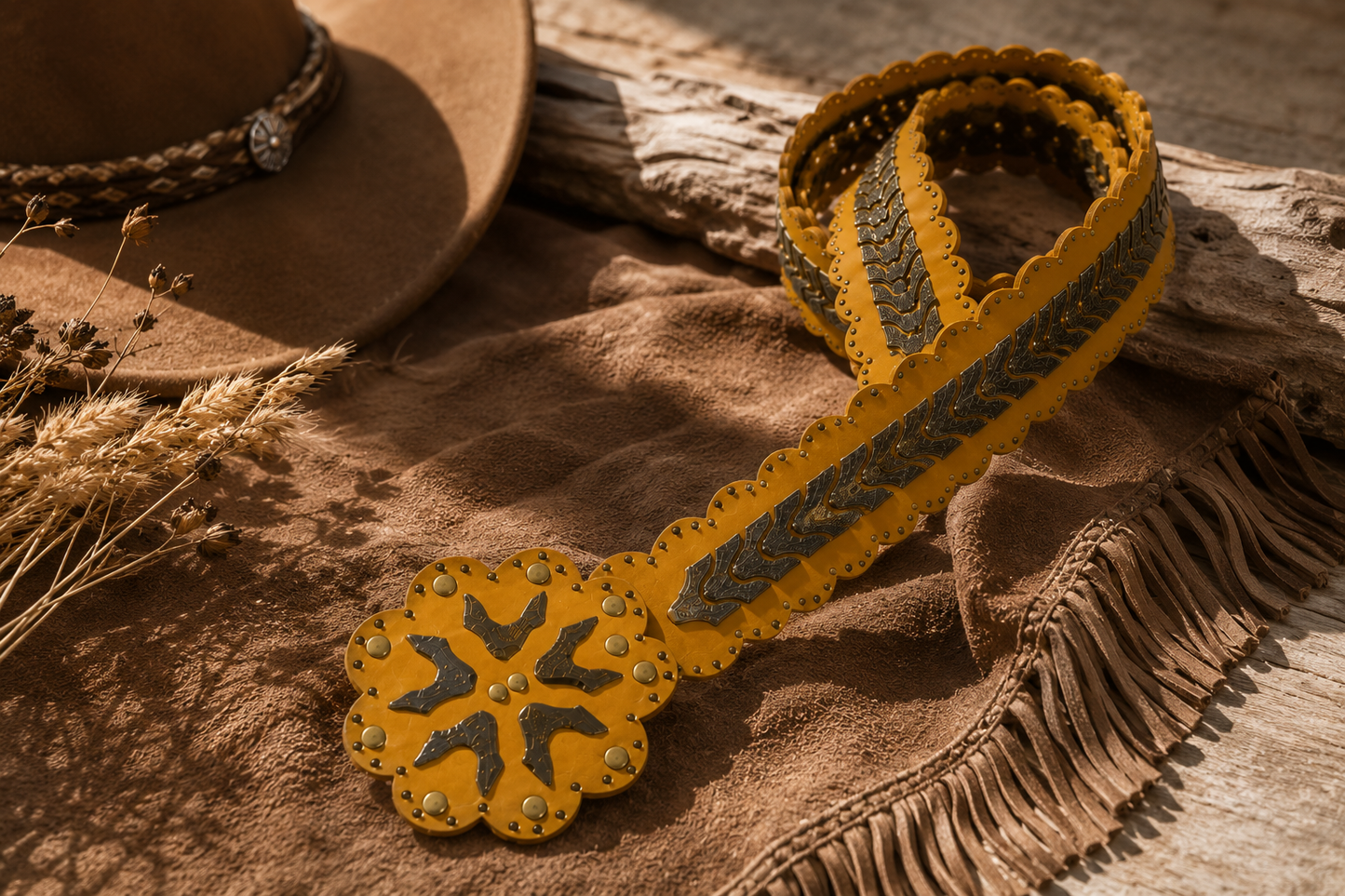 Ceinture Femme Style Country Western Jaune Ocre et Noire - Décorations Métal - #0251