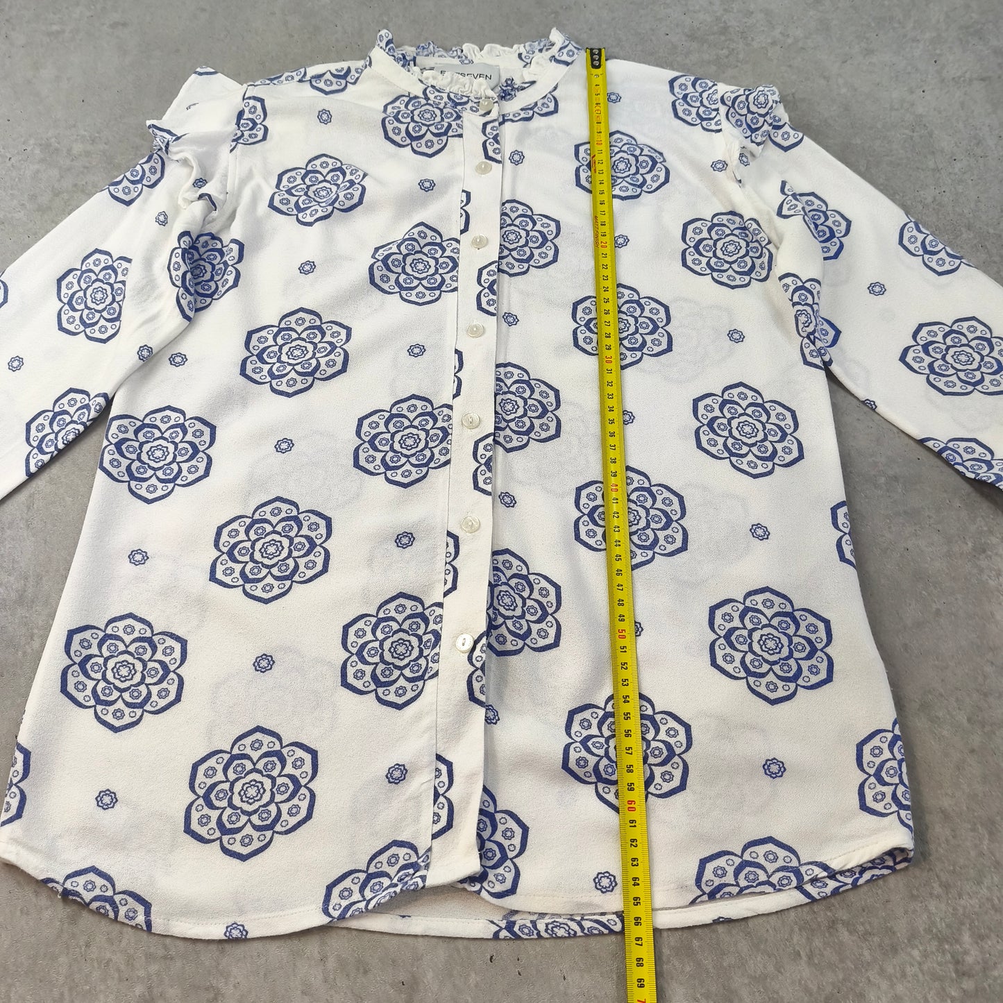 Blouse Chemisier Est'Seven Paris Motifs Mandalas Bleu Blanc Volants Femme #0250