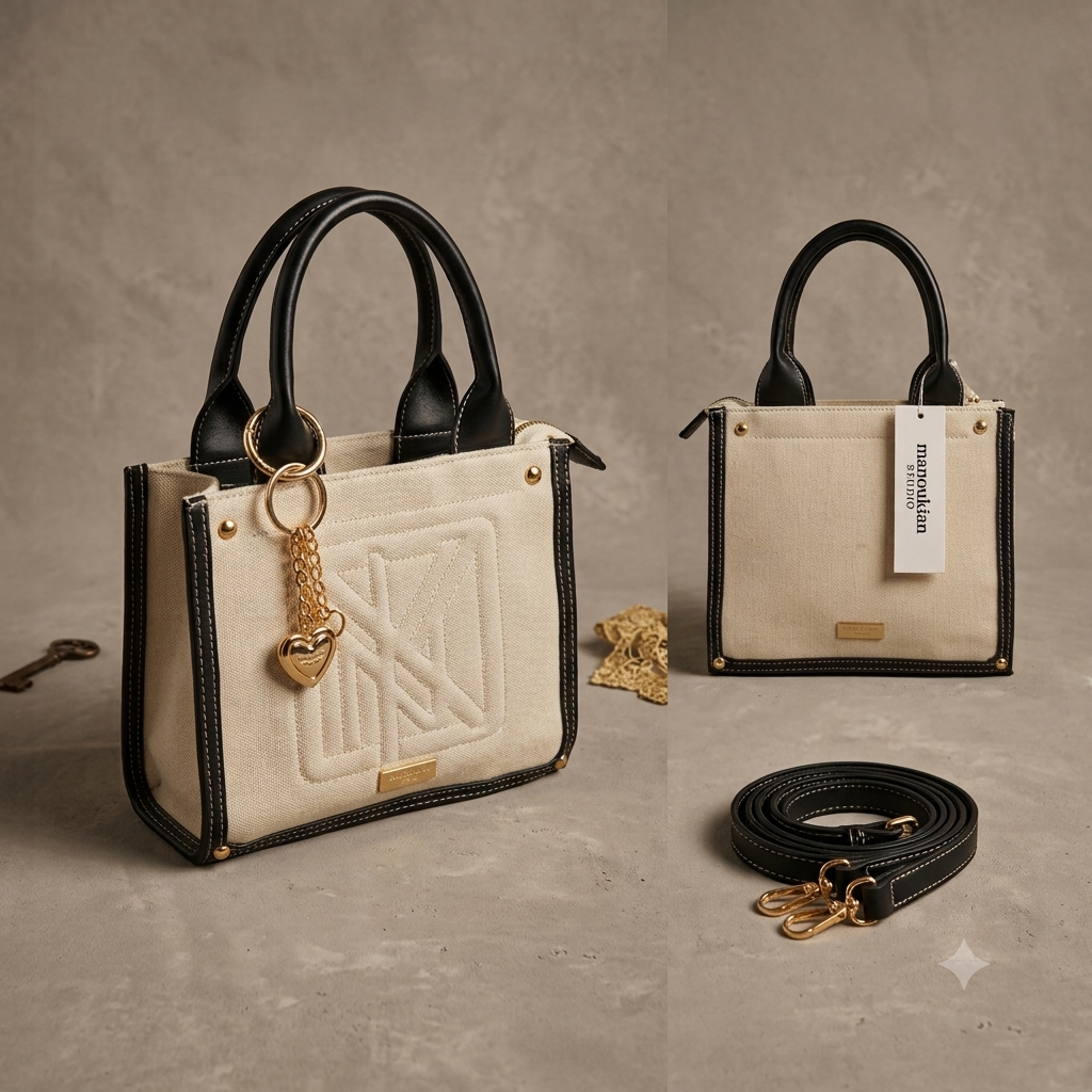 Sac à Main Cabas Manoukian Studio Écru et Noir Bandoulière #0280