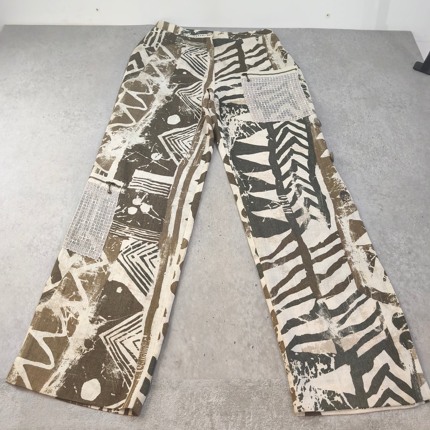 Pantalon large vintage 100% Lin Jean Gabriel imprimé ethnique kaki  Femme T40 #0254