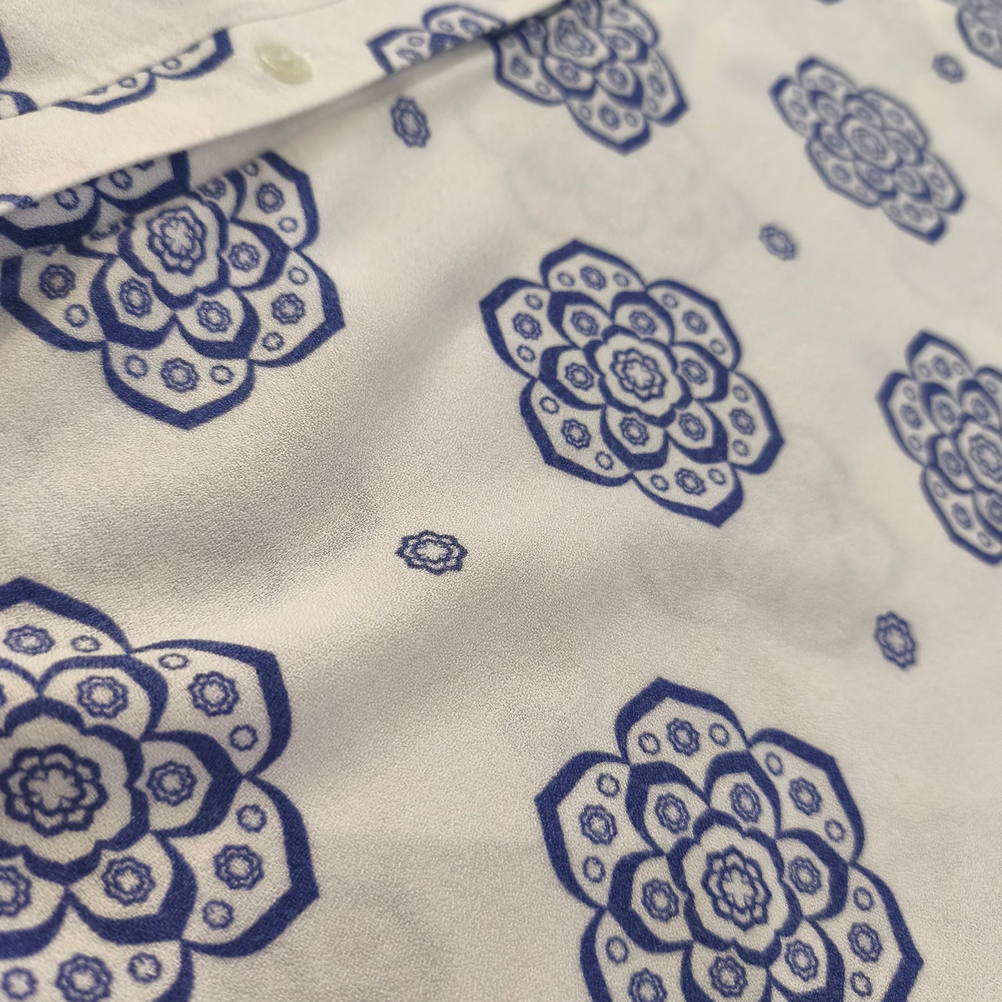 Blouse Chemisier Est'Seven Paris Motifs Mandalas Bleu Blanc Volants Femme #0250