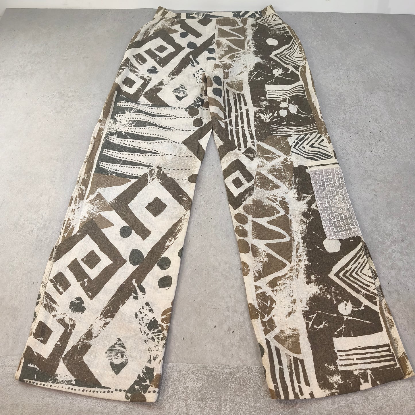 Pantalon large vintage 100% Lin Jean Gabriel imprimé ethnique kaki  Femme T40 #0254