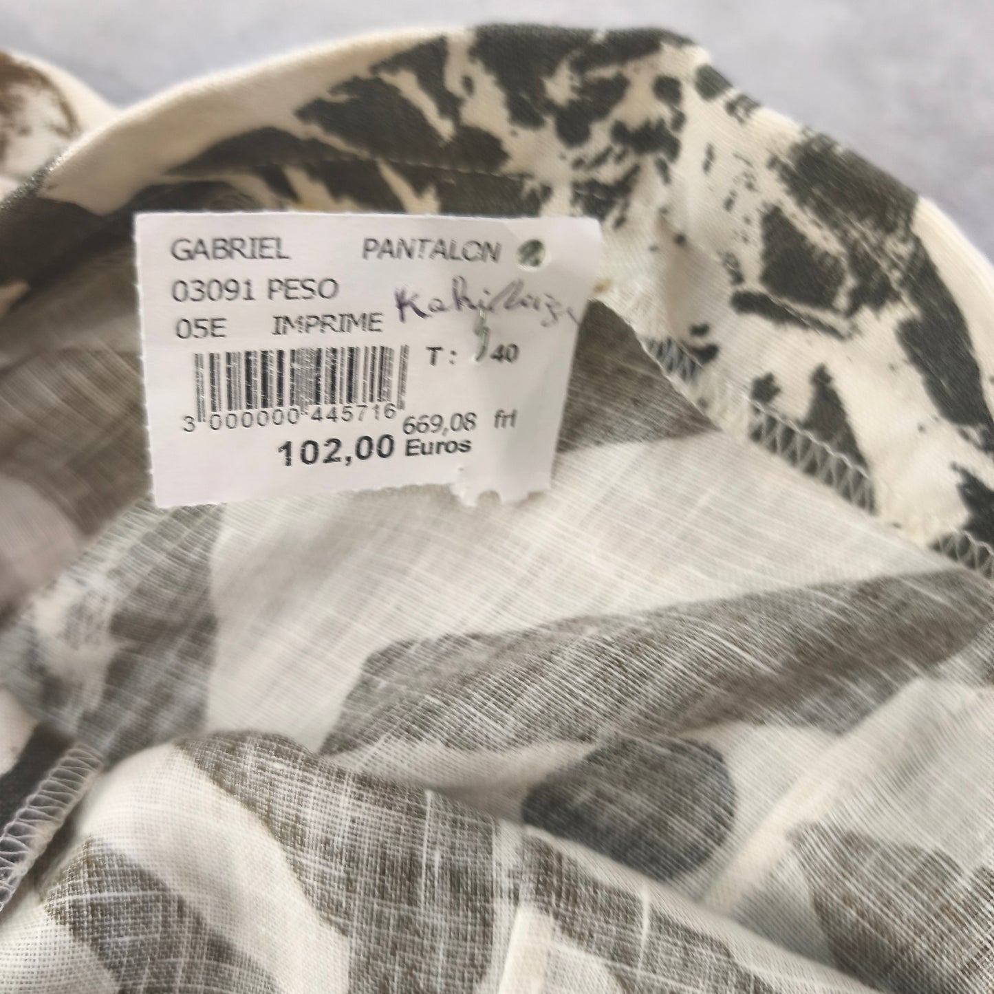 Pantalon large vintage 100% Lin Jean Gabriel imprimé ethnique kaki  Femme T40 #0254