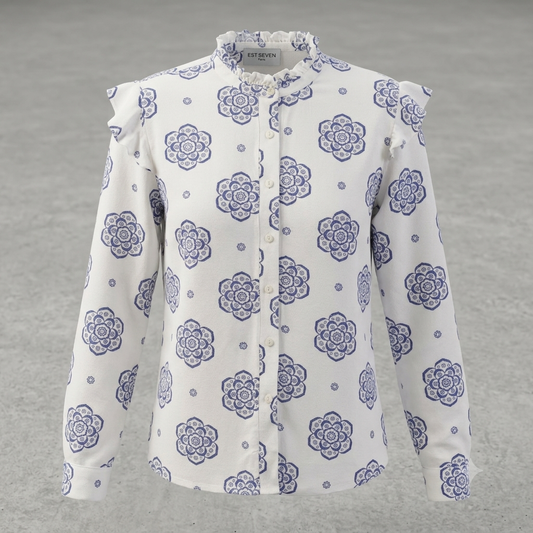 Blouse Chemisier Est'Seven Paris Motifs Mandalas Bleu Blanc Volants Femme #0250