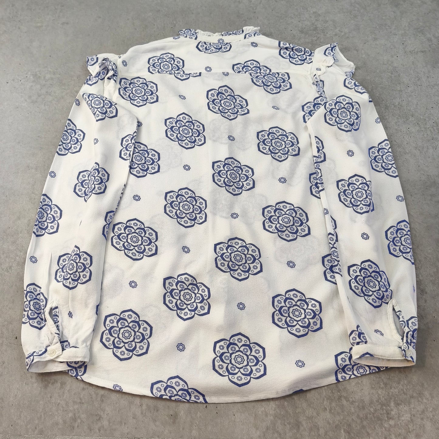 Blouse Chemisier Est'Seven Paris Motifs Mandalas Bleu Blanc Volants Femme #0250