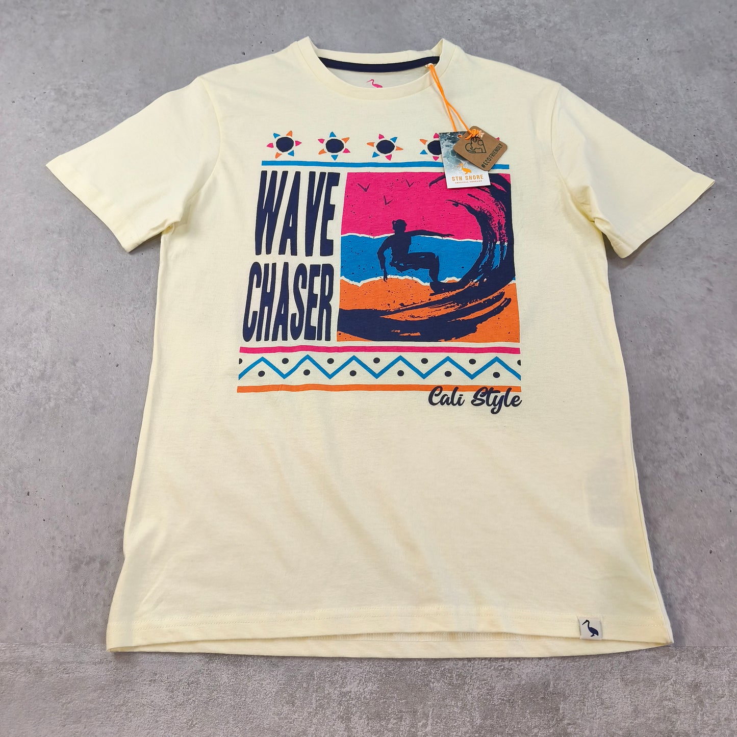 T-shirt STH Shore jaune graphique surf Wave Chaser taille S #0232 homme