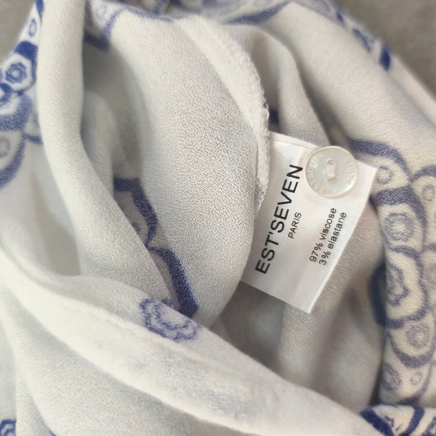 Blouse Chemisier Est'Seven Paris Motifs Mandalas Bleu Blanc Volants Femme #0250