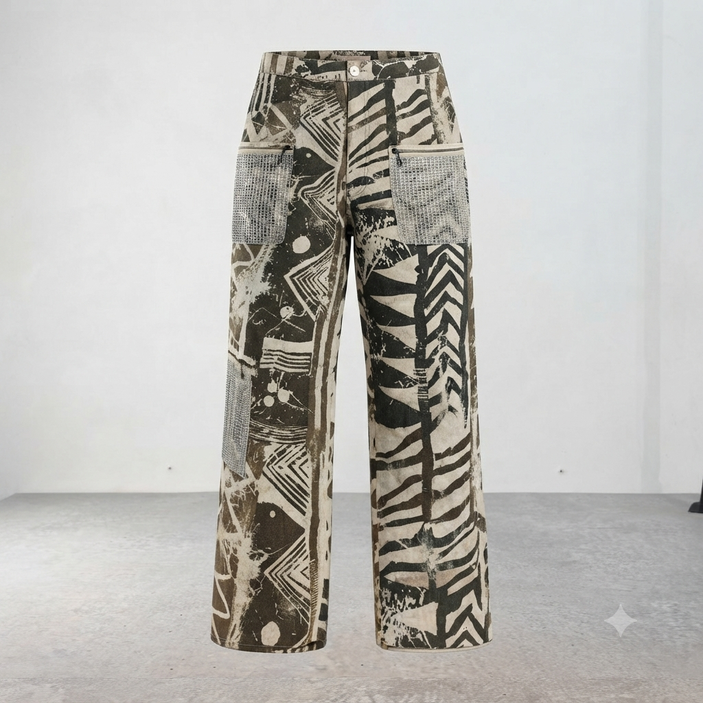 Pantalon large vintage 100% Lin Jean Gabriel imprimé ethnique kaki  Femme T40 #0254