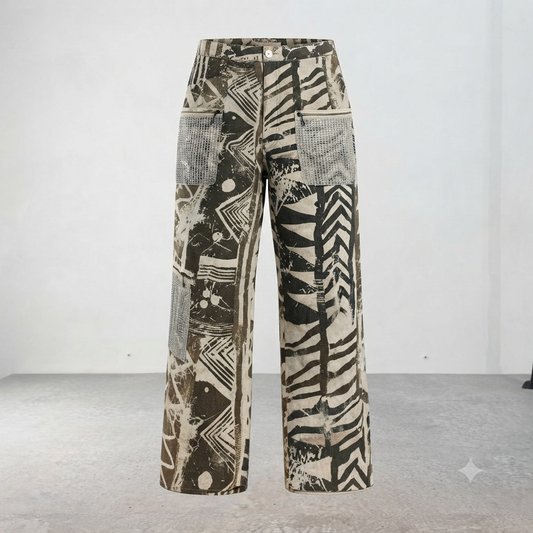 Pantalon large vintage 100% Lin Jean Gabriel imprimé ethnique kaki  Femme T40 #0254
