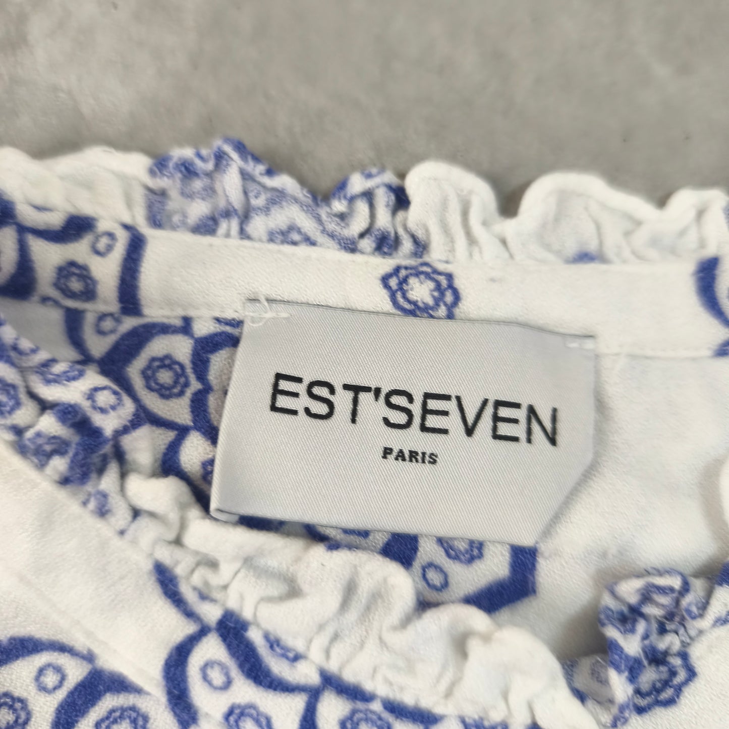 Blouse Chemisier Est'Seven Paris Motifs Mandalas Bleu Blanc Volants Femme #0250