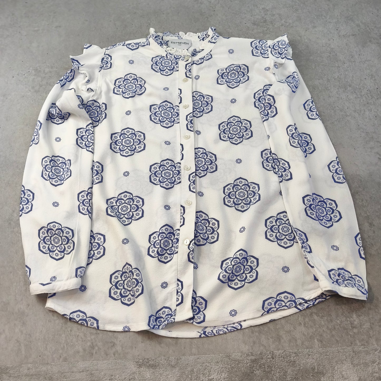 Blouse Chemisier Est'Seven Paris Motifs Mandalas Bleu Blanc Volants Femme #0250