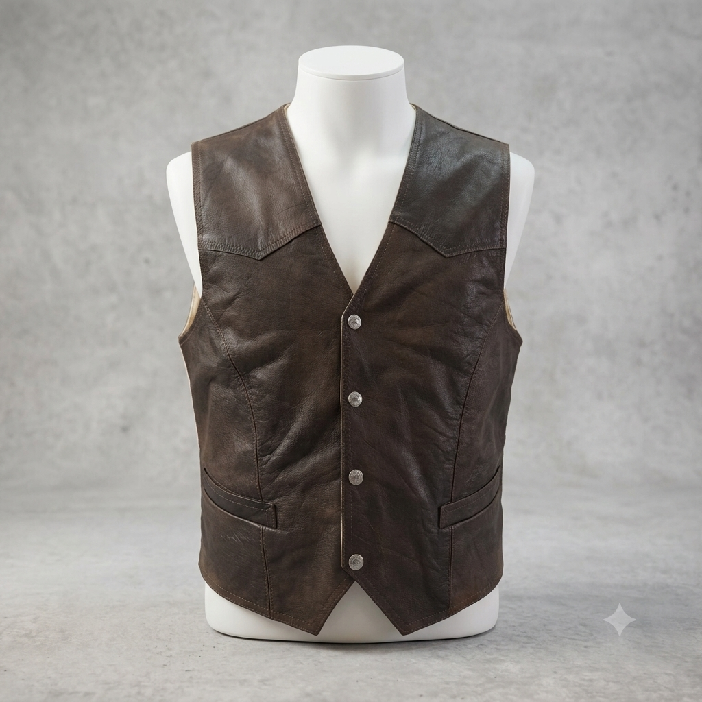 Gilet sans manches homme Cuir véritable Vintage Marron Style Western M/L #0140