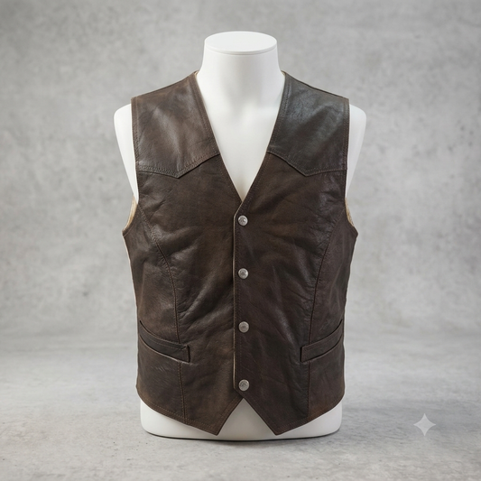Gilet sans manches homme Cuir véritable Vintage Marron Style Western M/L #0140