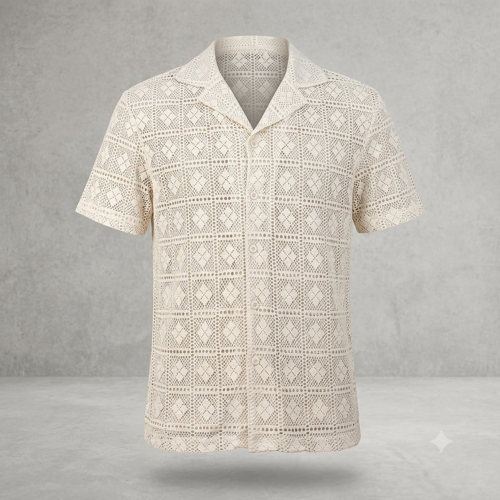 Chemise Crochet Dentelle Écru Beige Kimono Plage Tendance Boho Taille S Homme - #0250