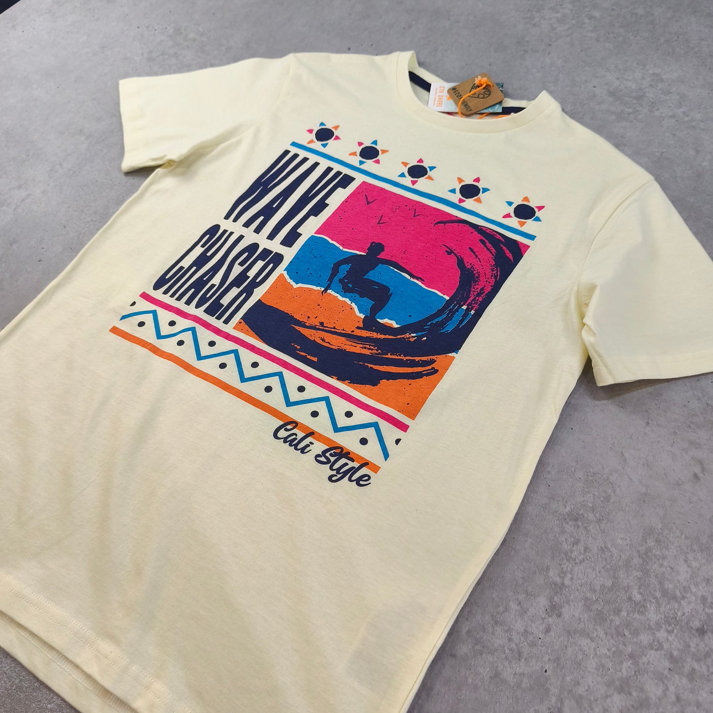 T-shirt STH Shore jaune graphique surf Wave Chaser taille S #0232 homme